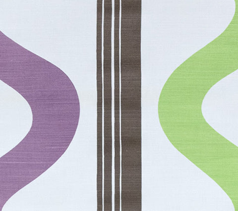 China Seas Fabric: Tete a Tete Vertical - Custom Violet / Jungle Green / Brown on White Belgian Linen/Cotton