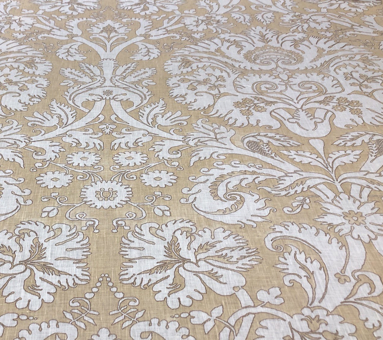 Quadrille Fabric: Borghese - Custom Camels on Ecru 100% Belgian Linen